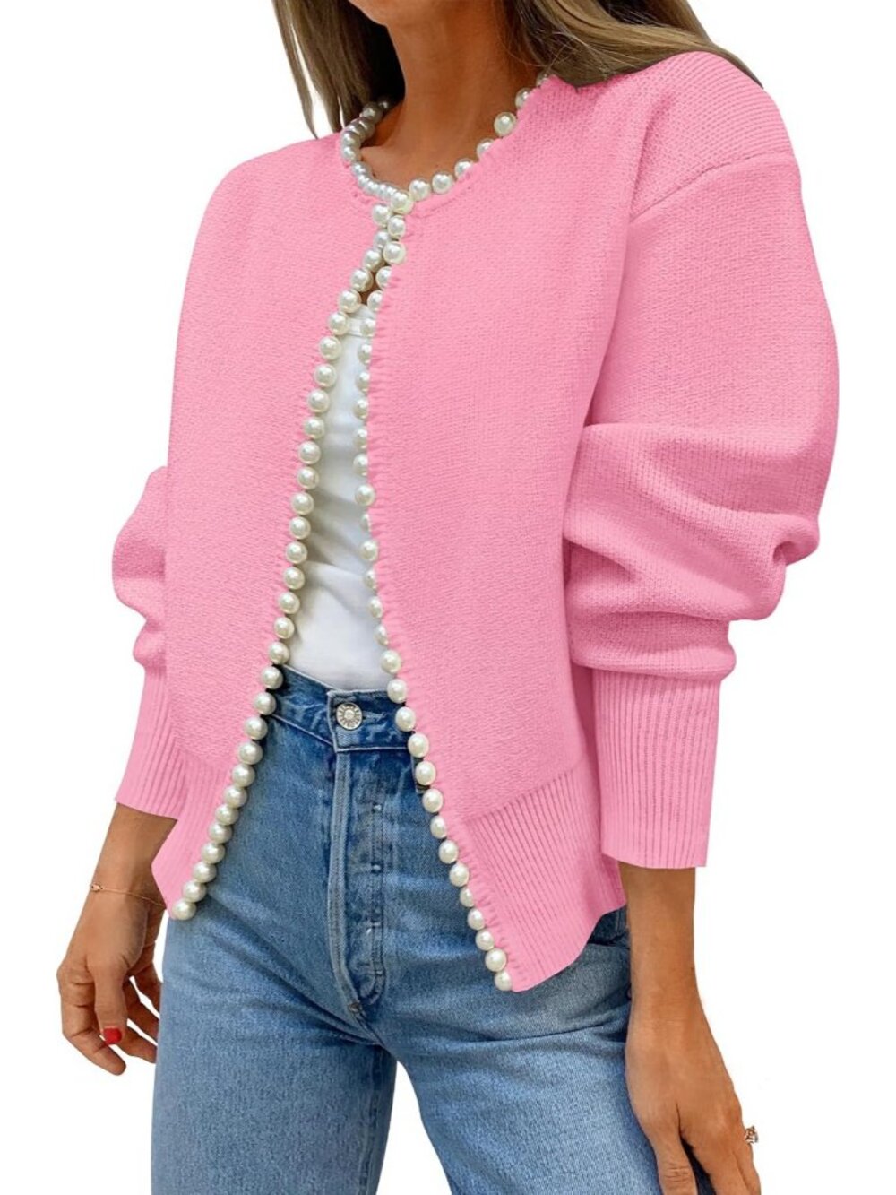Women’s Pink Pearl Trim Open Front Long Sleeve Knit Coat Cardigan Sweater